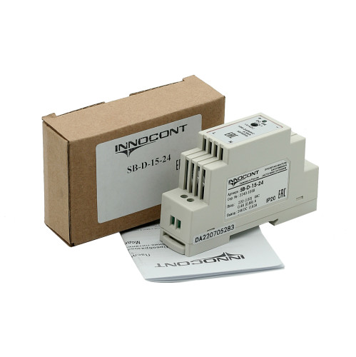 Источник питания INNOCONT. Вход: 220VAC, 0.48А, выход: 15W, 24VDC, 0.63A, -10 +50С, IP20, типы защиты: КЗ, перегрузка, перенапряжение SB-D-15-24 — фото-672_5