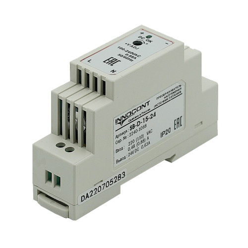 Источник питания INNOCONT. Вход: 220VAC, 0.48А, выход: 15W, 24VDC, 0.63A, -10 +50С, IP20, типы защиты: КЗ, перегрузка, перенапряжение SB-D-15-24 — фото-672_1