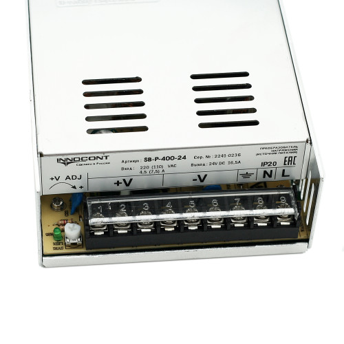 Источник питания INNOCONT. Вход: 220VAC, 4.5А, выход: 400W, 24VDC, 16.5A, -10 +50С, IP20,типы защиты: КЗ, перегрузка, перенапряжение SB-P-400-24 — фото-672_2