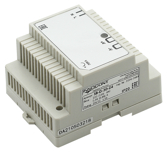 Источник питания INNOCONT. Вход: 220VAC, 0.48А, выход: 30W, 24VDC, 1.5A, -10 +50С, IP20, типы защиты: КЗ, перегрузка, перенапряжение SB-D-30-24 — фото-672_2